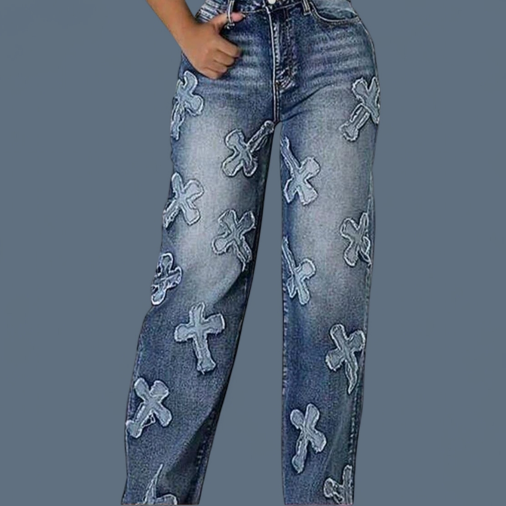 Denim Stylish Blue Women's Jeans with Cross Stitch Design